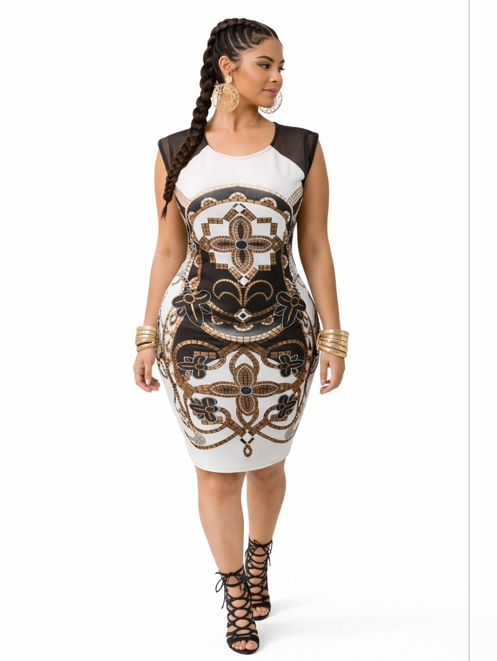 New White & Gold Baroque Midi Dress with Burgundy Cut-out Back Panel